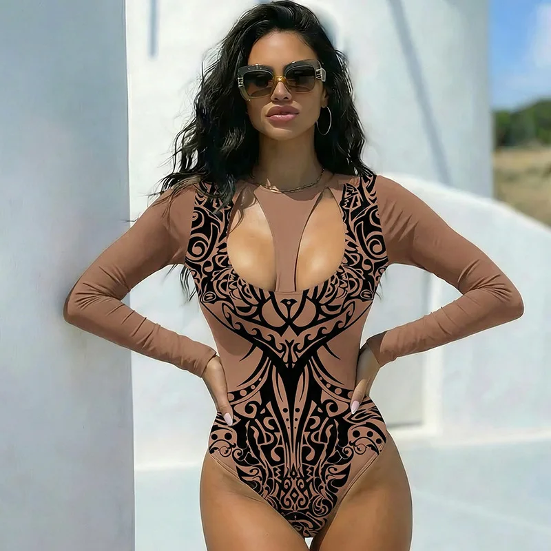 

New Summer Women's Sexy and Fashionable Printed Sunscreen Mesh Long Sleeved One-piece Swimsuit