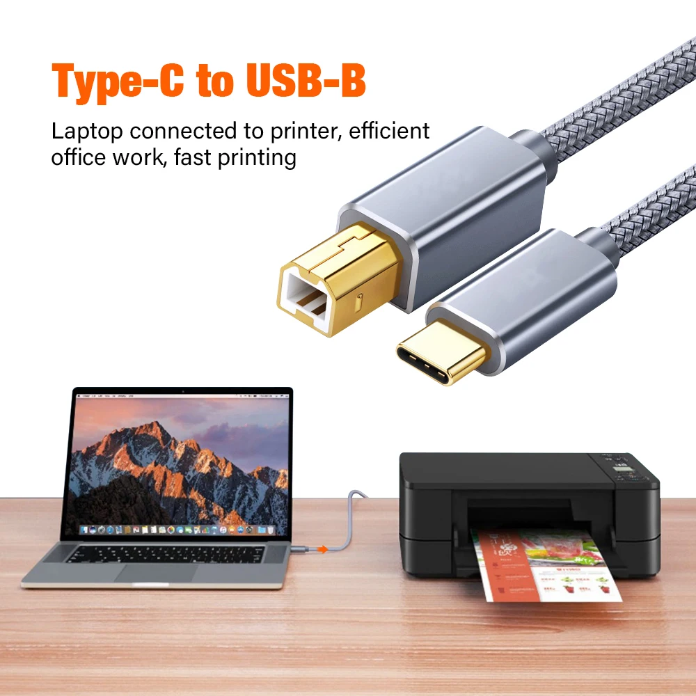 USB C to USB B 2.0 Printer Cable Braided Printer Scanner for Epson HP Canon Brother MacBook Pro Samsung MIDI Controlle Cable 3M