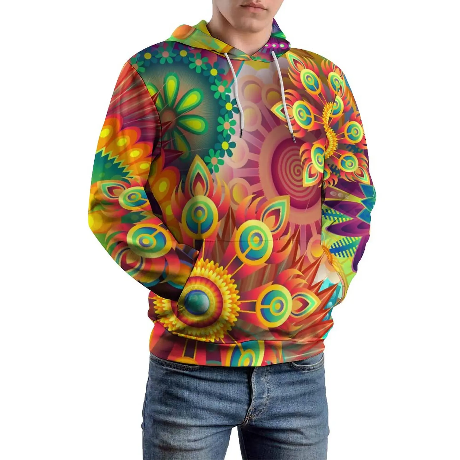 Flower Power Casual Hoodies Man Vintage Floral Print Aesthetic Hooded Sweatshirts Autumn Long Sleeve Street Wear Oversize Hoodie