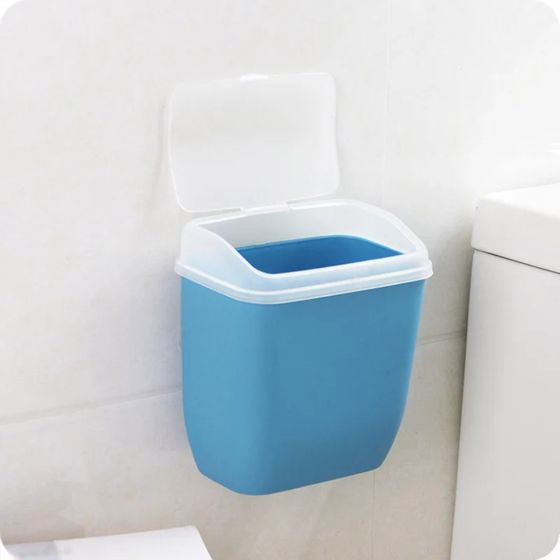 1PC Container Wall-mounted Trash Can With Lid Plastic Debris Storage Box Nail-free Trash Bin Organizer Kitchen Toilet Supplies