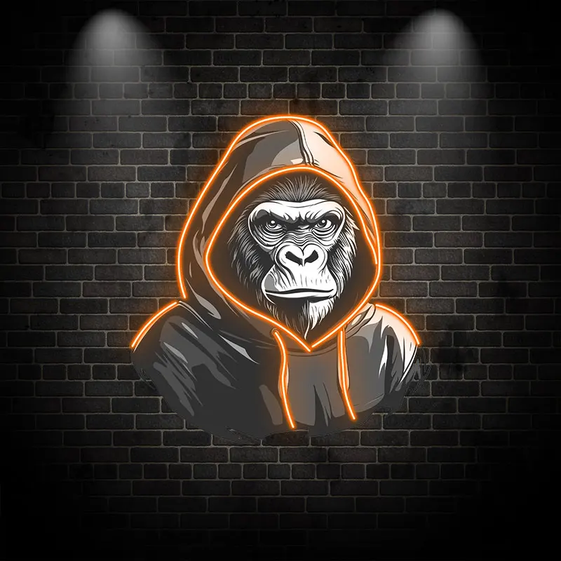 Gorilla in Hoodie Neon Light - Bold LED Light Wall Art for Urban Decor, Teen Room, Creative Birthday Gift for Him - Orange Frame