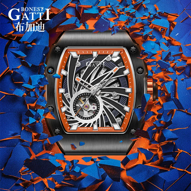 BONEST GATTI ผู้ชายนาฬิกาอัตโนมัติ 43 มม.* 51 มม.Tonneau นาฬิกาข้อมือกันน้ํา Sapphire Lume Fluororubber Whirlwind Dial