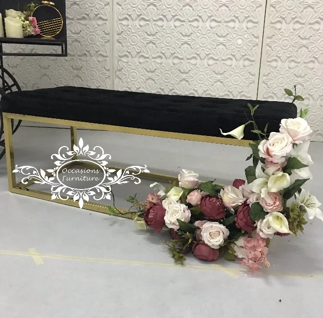 

Black Rectangle Velvet Cushion with Golden Frame Bench Stainless Steel for Hotels Dining and Living Room