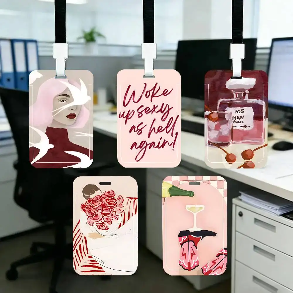 Capa Protetora para Cartão de Identificação, Cartão Escolar, Cartão de Acesso, Cartão de Ônibus e Cartão de Refeição, com design de Menina, Pombo, Rosa, Perfume, Flores e Vinho Tinto, com sistema de inserção fácil.