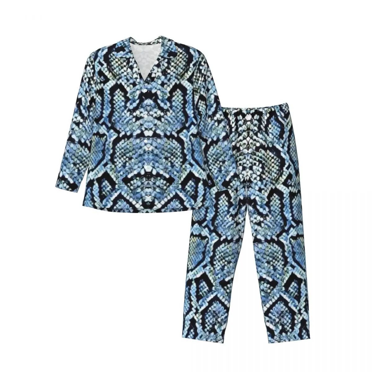 Schlangenhaut-Druck-Nachtwäsche, Frühlingsblau und Grau, Vintage-Oversize-Pyjama-Set, männlich, langärmelig, Kawaii-Zimmer, individuelle Nachtwäsche