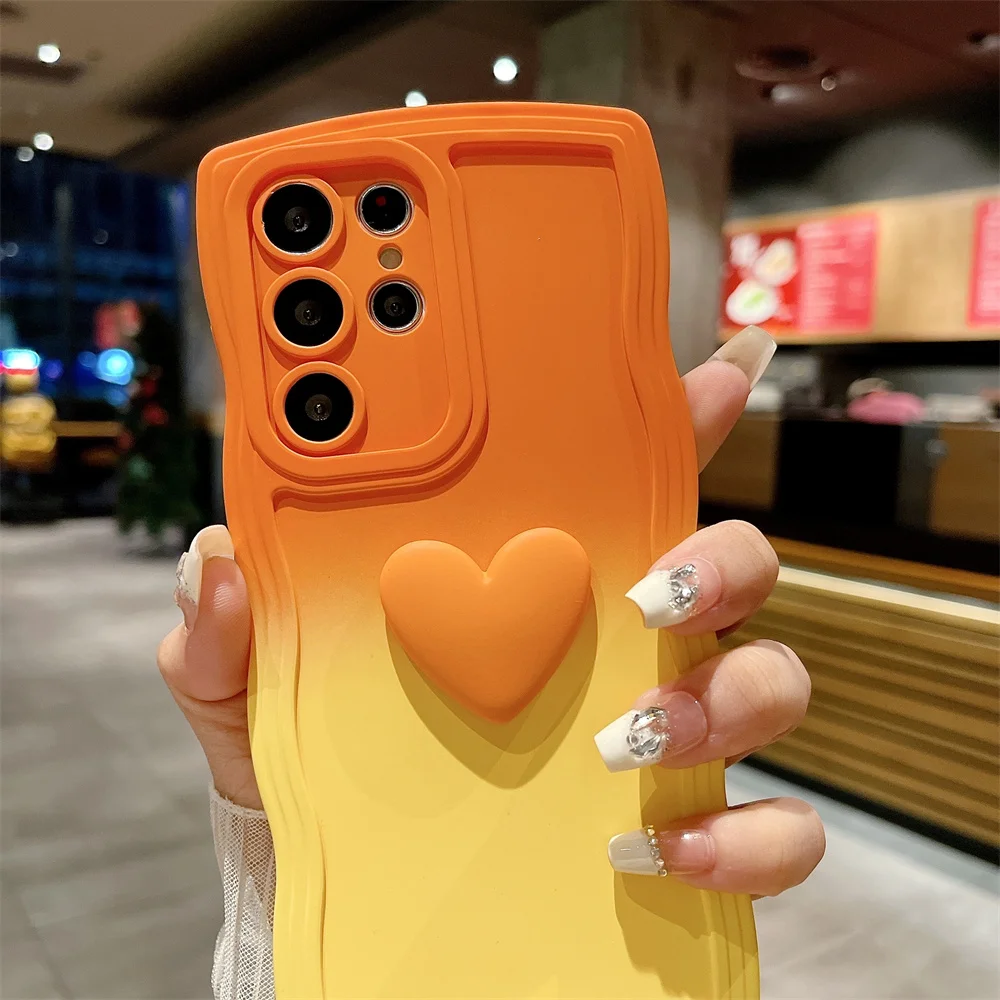 Cute Love Heart Wrist Strap Case for Samsung Galaxy S23 S24 Ultra S22 S21 Plus S20 FE A54 A34 A53 A52 A14 Lanyard Gradient Cover