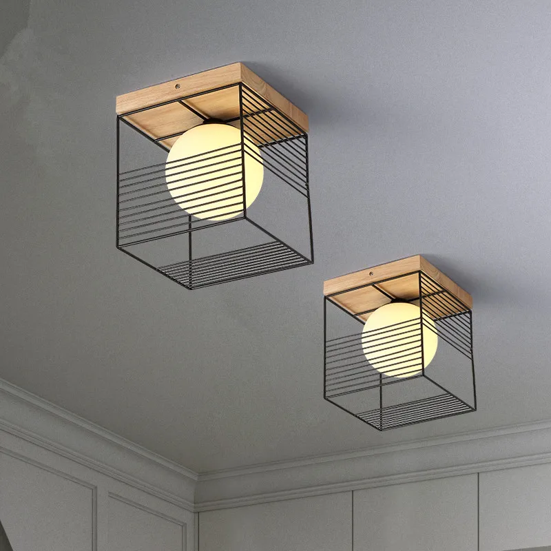 Nordic Indoor Wood Led Ceiling Light Fixture Luminaire Modern Iron Net Bedroom Corridor Hallway Mount Lamp Aisle Decor