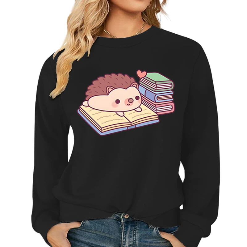 

Cute Hedgehog Reading Book Pattern Women's Hoodies Fashion Casual Cartoon Animal Hoody Loose Cotton Ladies Hedgehog Sweatshirts