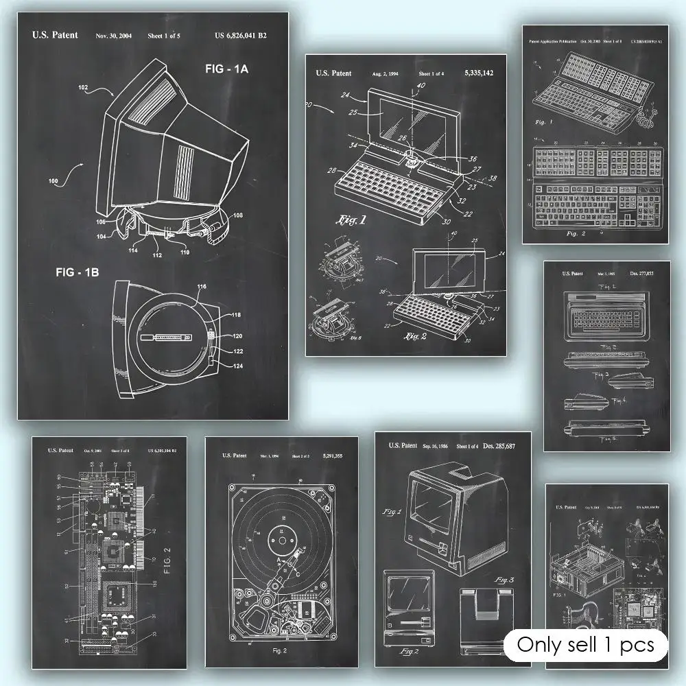 Computer Patent Vintage Retro Blueprint Drawing Art Poster Aesthetic HD PVC Wall Art - Waterproof Wear Resistant Home Hotel Bar