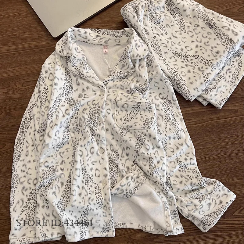 Autumn Winter New Female Pajamas Set Island Velvet Leopard Sleepwear Pijamas Suit Loose Casual Nightwear Lounge Wear Lingerie