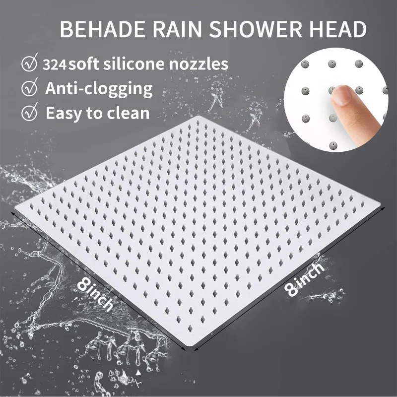 8 inch Square Stainless Steel Ultra-thin Showerheads Pressurized Rainfall Shower Head for Bathroom Faucet Replacement Parts