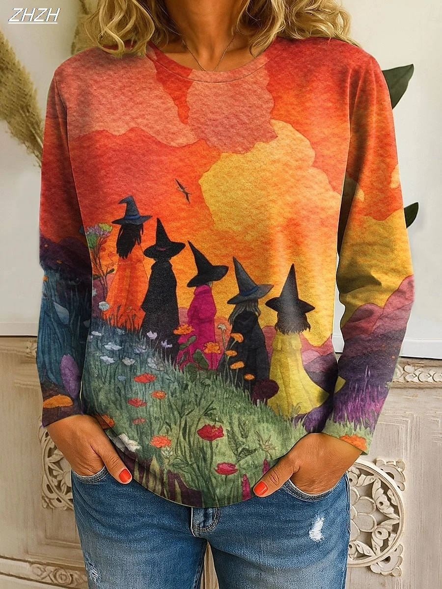 

2025 Women's Vintage Witch Print Long Sleeve, Halloween Graphic Crew Neck Top, Seasonal Casual Wear, Fall Winter Fashion Style