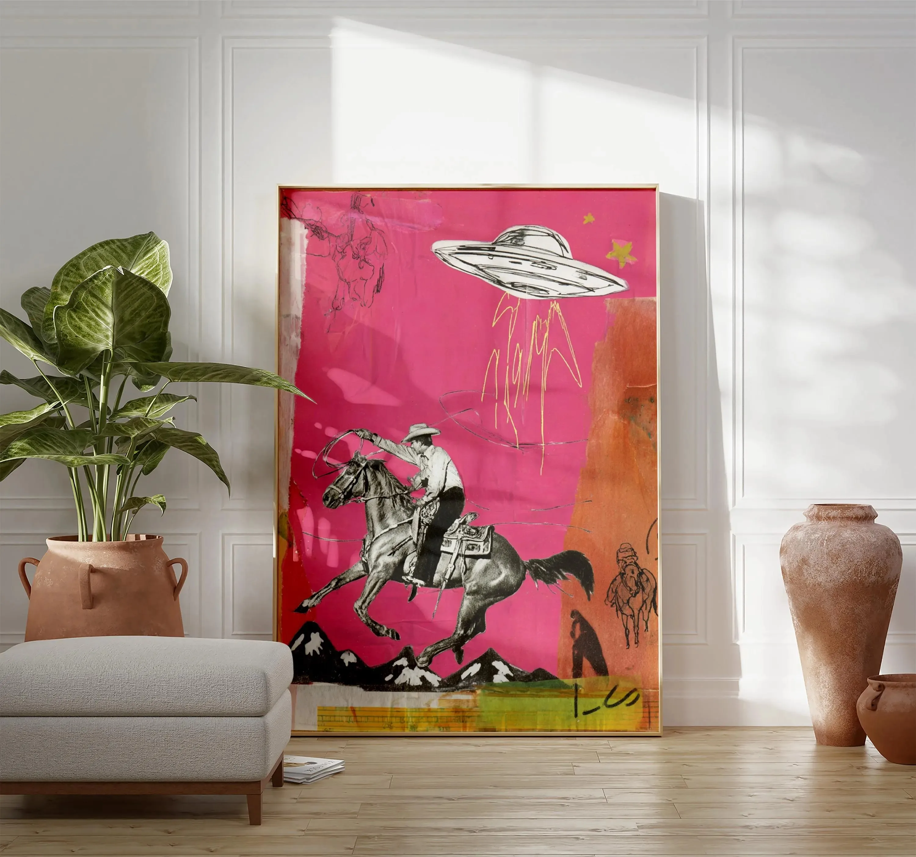 Cowboy Wall Art, Pop Art Style Poster, Western Surreal Print, Pink Modern Artwork, Retro Americana Decor, Bold Contemporary Home