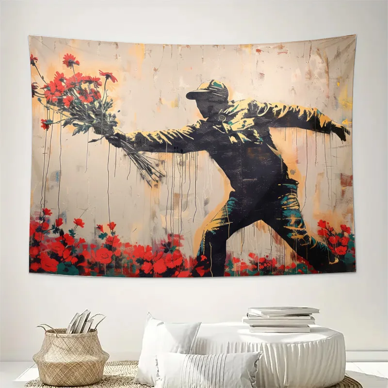 Pop Art Floral Gangster Tapestry Wall Hanging Mural Canvas Art Modern Abstract Living Room Decor Sheet for Apartment Home Decora