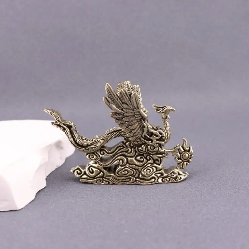 C 1Pcs Phoenix Blessing Display Figurine Pure Brass Desktop Ornaments Small Decorative Item Tea Ceremony Good Luck Craft Gift