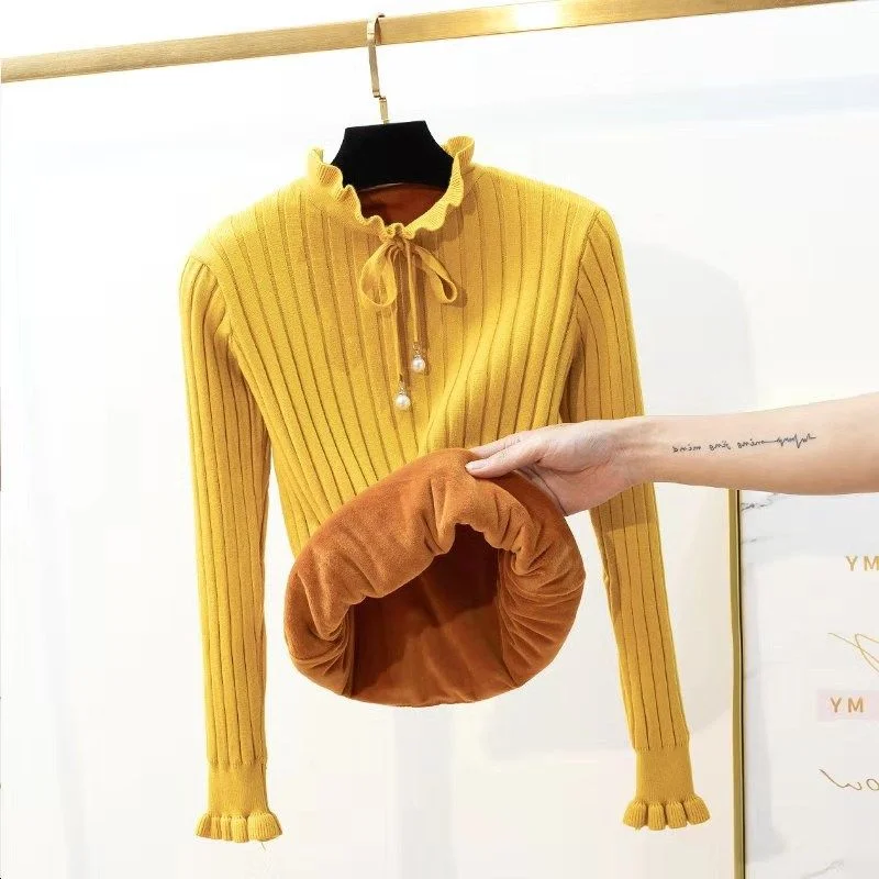เสื้อผ้าผู้หญิงเสื้อสเวตเตอร์ผูกโบว์สําหรับผู้หญิงสไตล์เกาหลีแขนยาวเสื้อสวมหัวบาง BaseTurtleneck รักษาความอบอุ่นกันลม