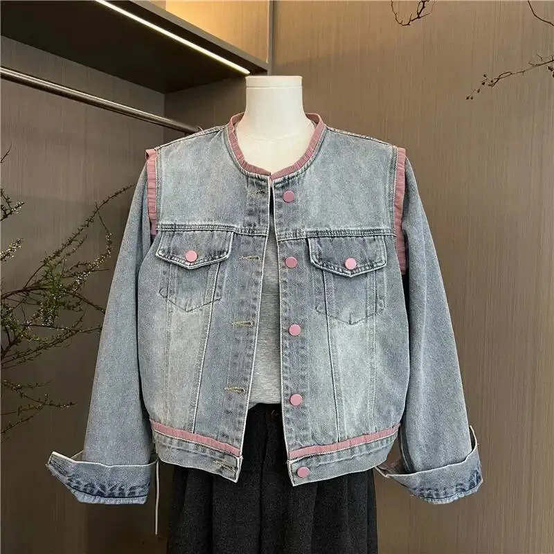 

Весенне-осенняя повседневная джинсовая куртка, новинка 2025 года, однобортная женская одежда с круглым воротником, пальто, однотонное модное женское пальто Outeawer