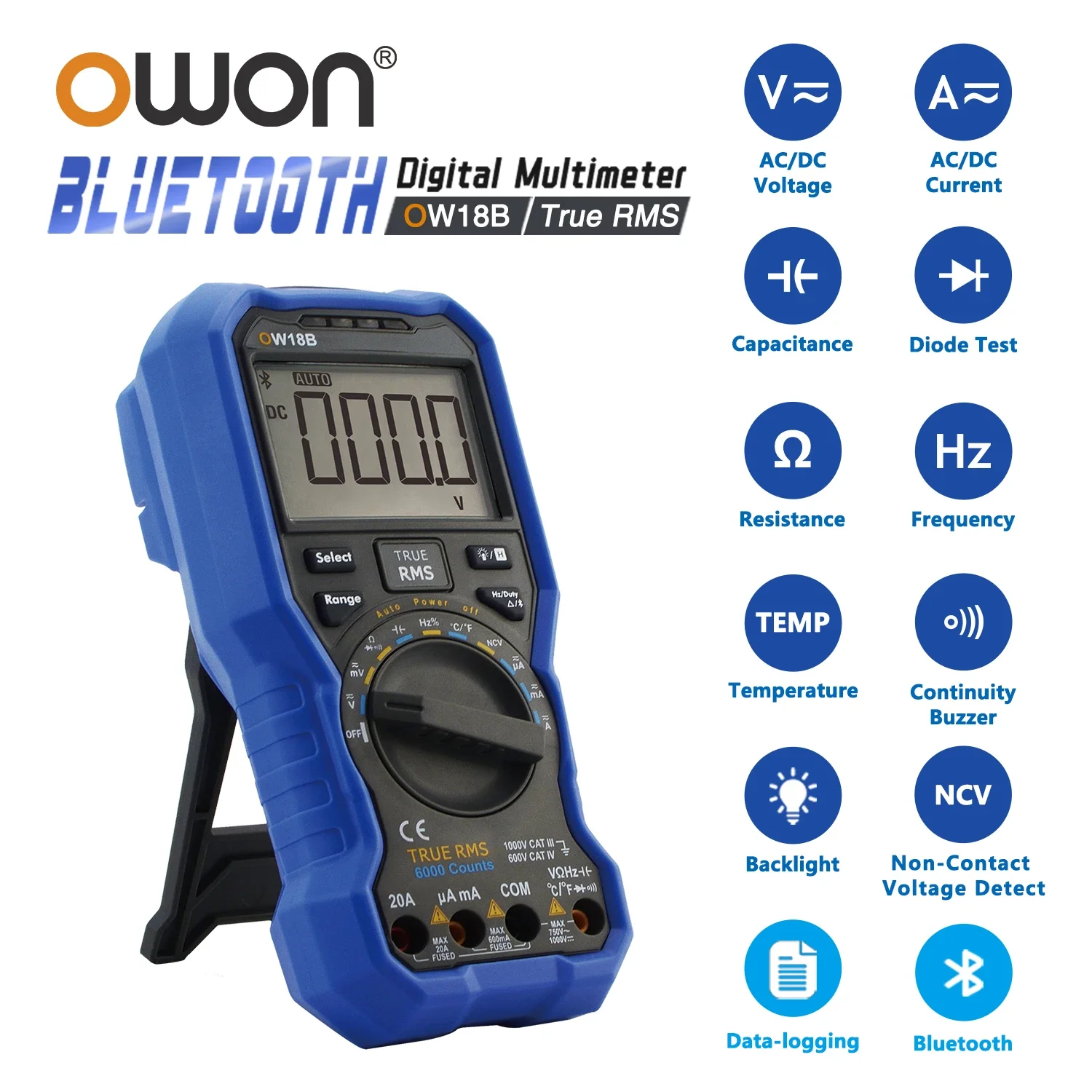 

OWON OW18B Digital Smart Multimeter 6000 Counts Bluetooth Multimeter True RMS 1000V AC DC Voltage Tester Ammeter Frequency Meter