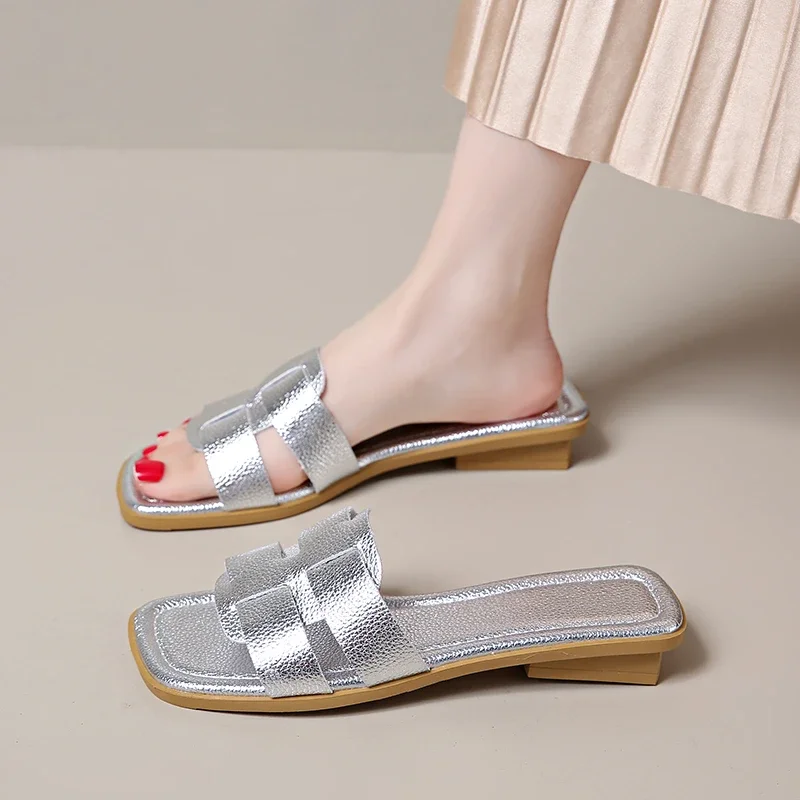 

Ladies' Summer Low Heel Slippers for Home Leisure and Comfort, Gold and Silver Luxury Vacation Style