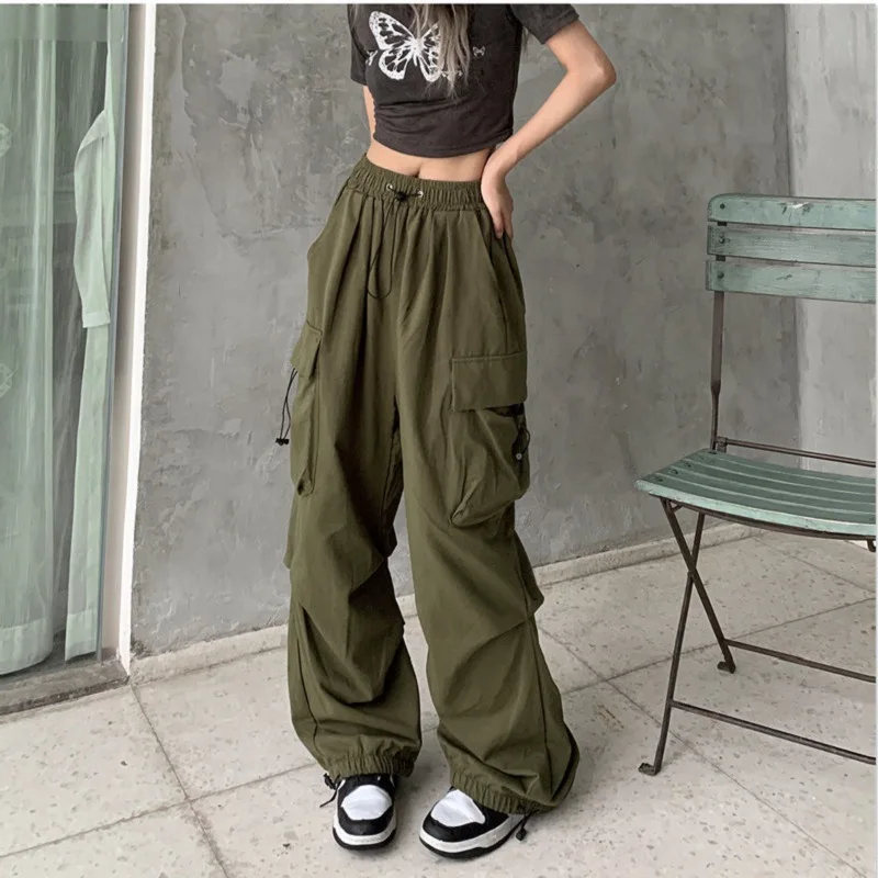 2025 new design high street overalls women's loose straight wide-leg big pocket casual retro leggings