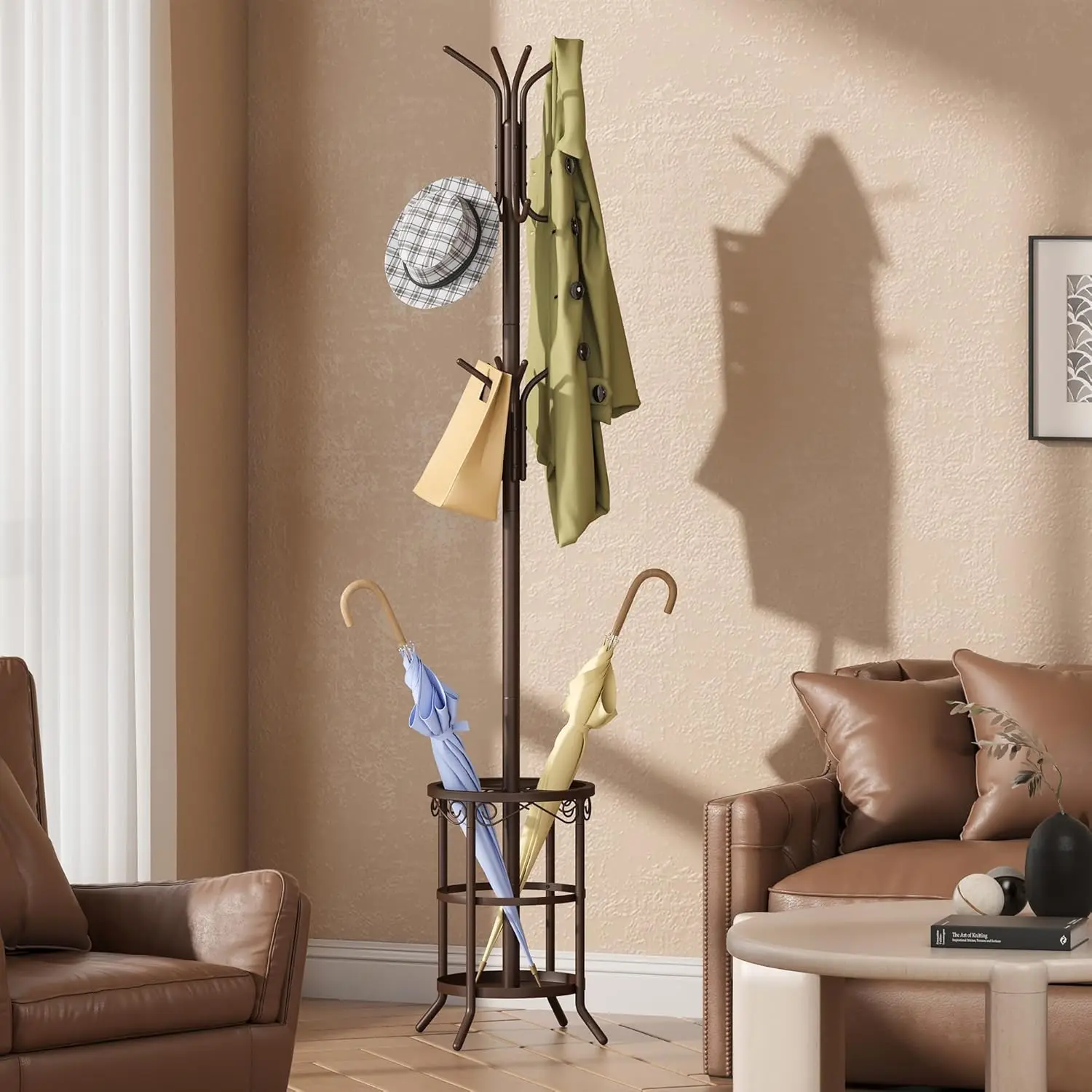

Coat Rack Freestanding, Coat Tree with Umbrella Holder, Metal Rack Stand with 12 Hooks, Standing Hanger Stand
