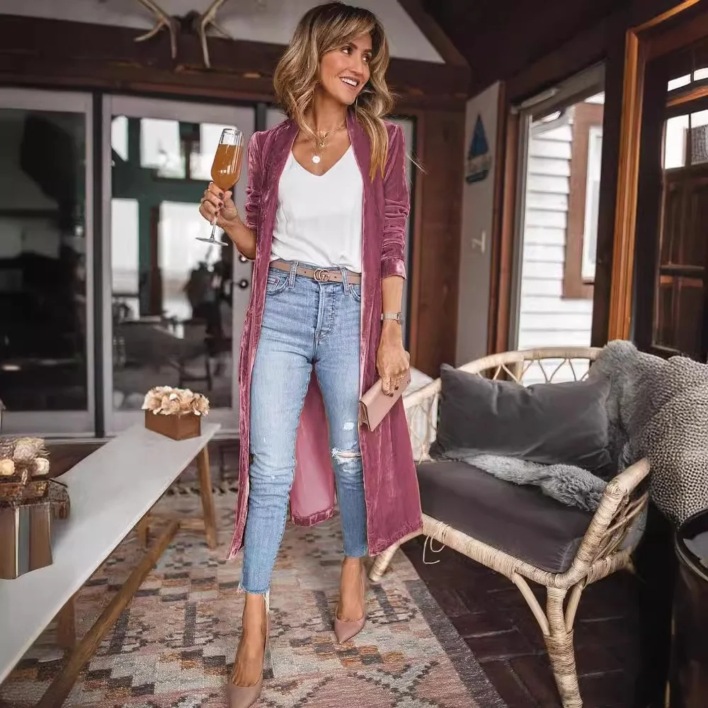 

Осенне-зимняя удлиненная бархатная куртка свободного кроя для женщин, эластичная, модная, однотонная, с длинными рукавами