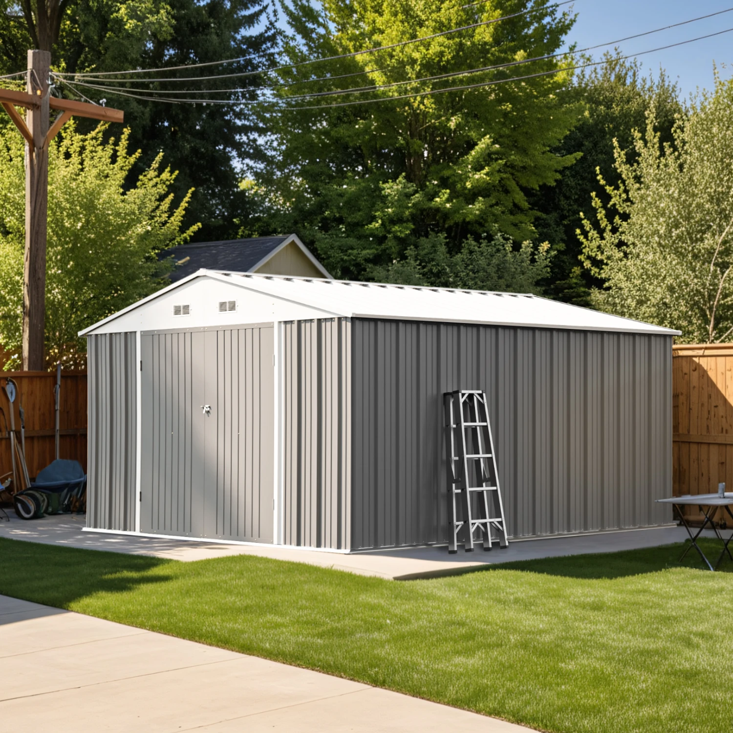 10x12 FT Metal Storage Shed With Floor Frame for Outdoor, Steel Yard Shed with Lockable Doors, Grey