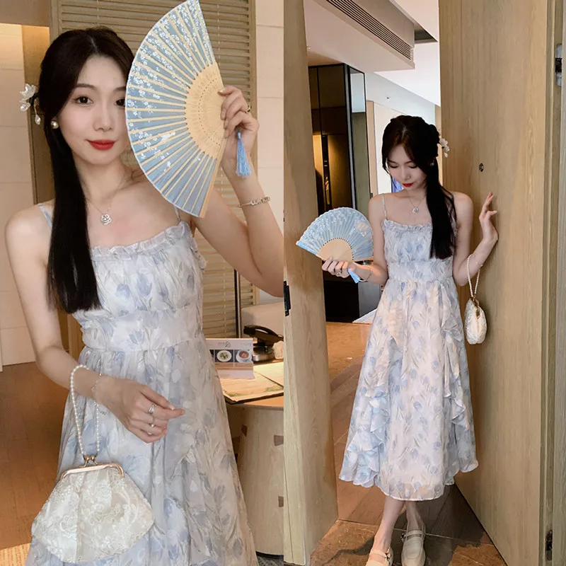 

ANLI Blue Floral Lace Trim Gentle Long Dr Square Collar Strap Design Waist Inward Sensation Faionable Ele Sle