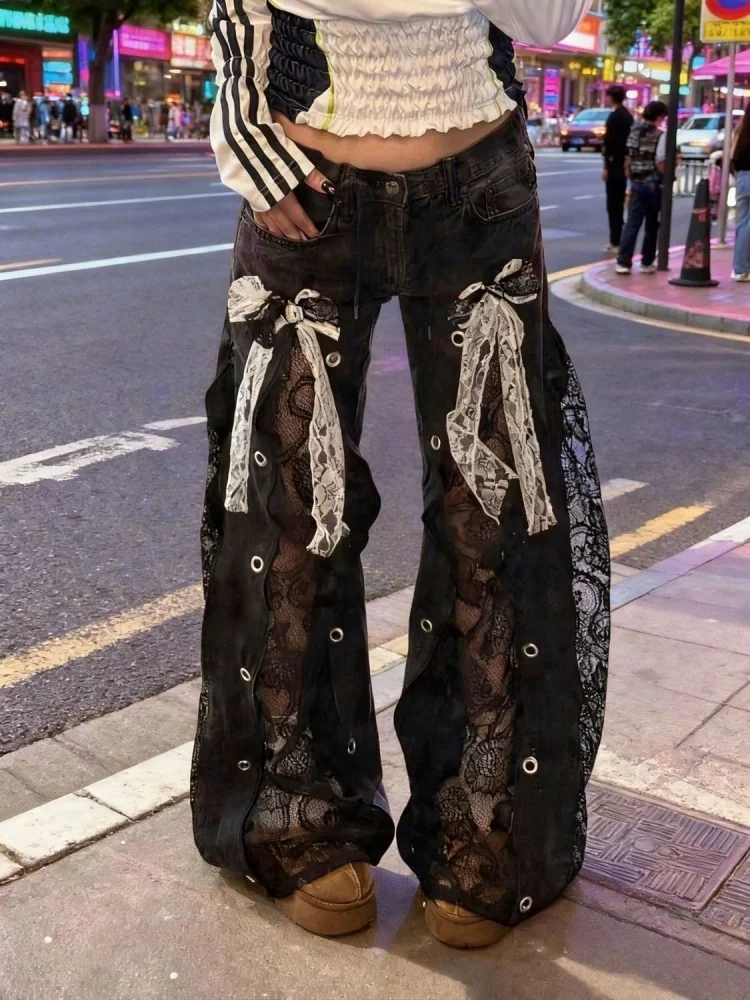 2026 Gothic Y2K Style Lace Hollow Out Black Baggy Women's Low Rise Jeans Pants For Woman Clothing Straight Loose Long Trousers