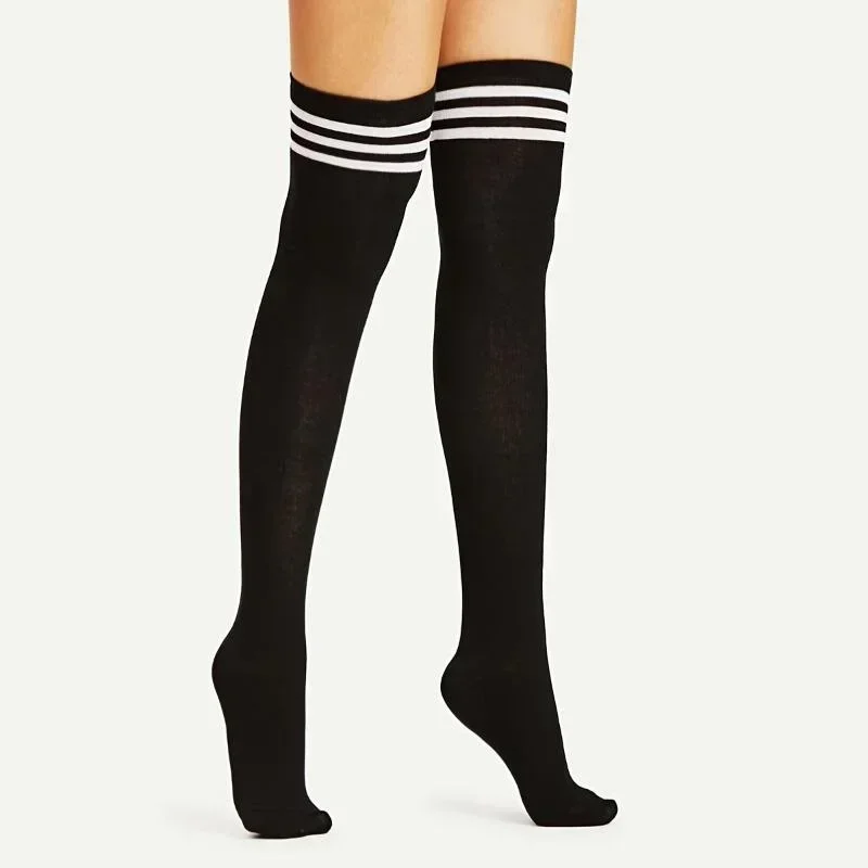 Moda mujer Sexy sobre la rodilla calcetines altos hasta el muslo negro blanco rayas Lolita estudiante medias japonesas para damas niñas