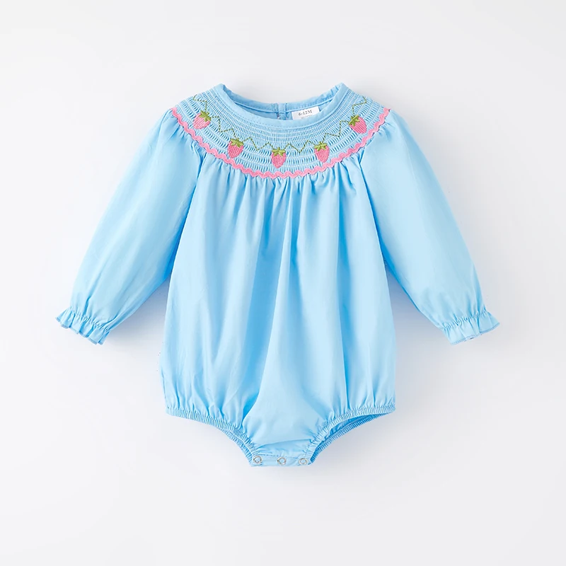 Girlymax Baby Girls Spring Strawberry Embroidery Smocked Blue Romper Boutique Kids Clothes