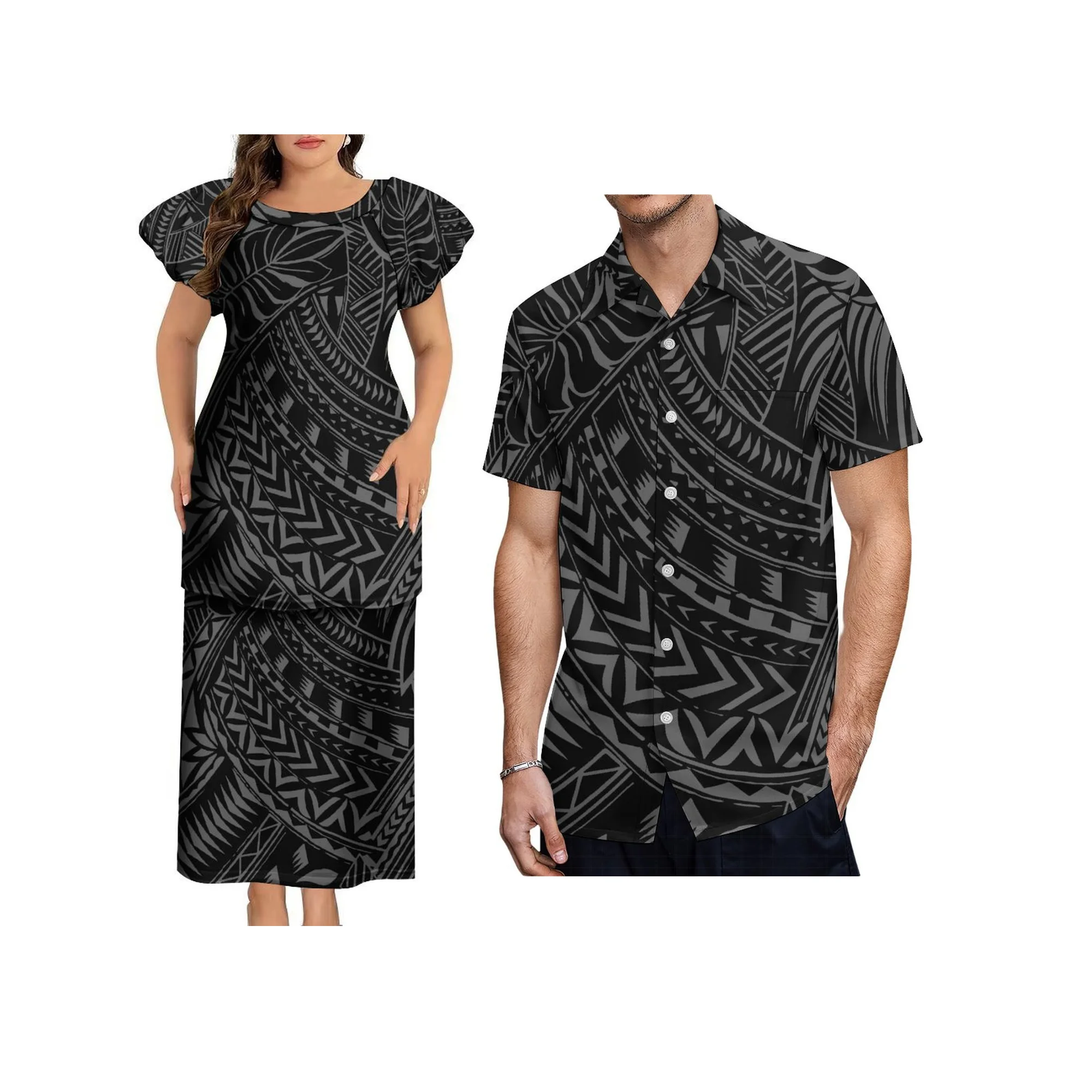 High Quality Custom Logo Women Dress Tonga Samoan Puletasi Set Crew Neck Puff Sleeve Party Dress Two Piece Set Outfits