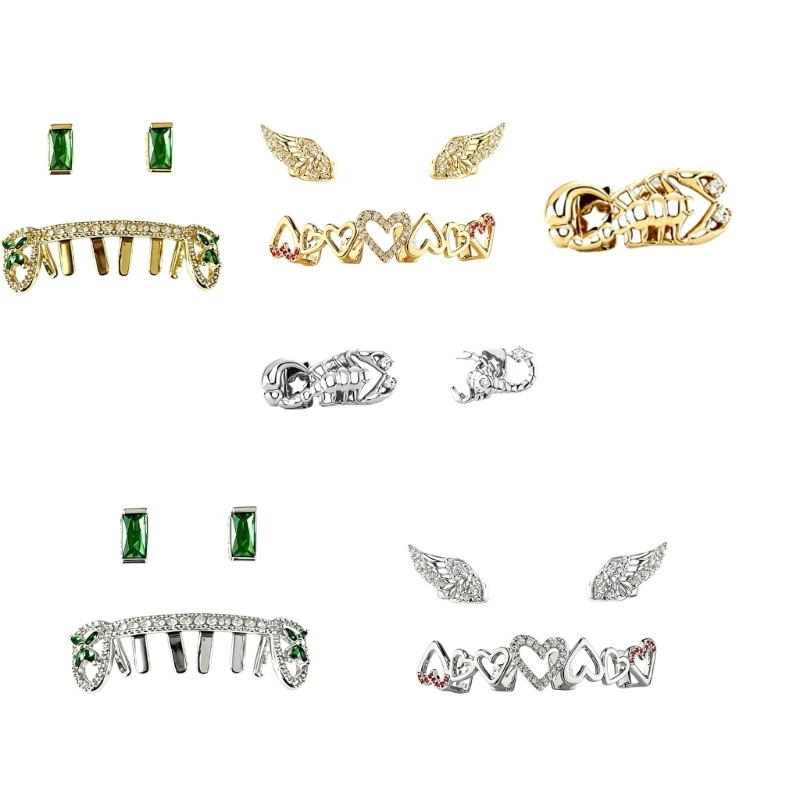 R7UF Party Styling Tooth Jewelry Set with Clip On Front Tooth Design, Metal Tone Statement Accessory with Stone Detail