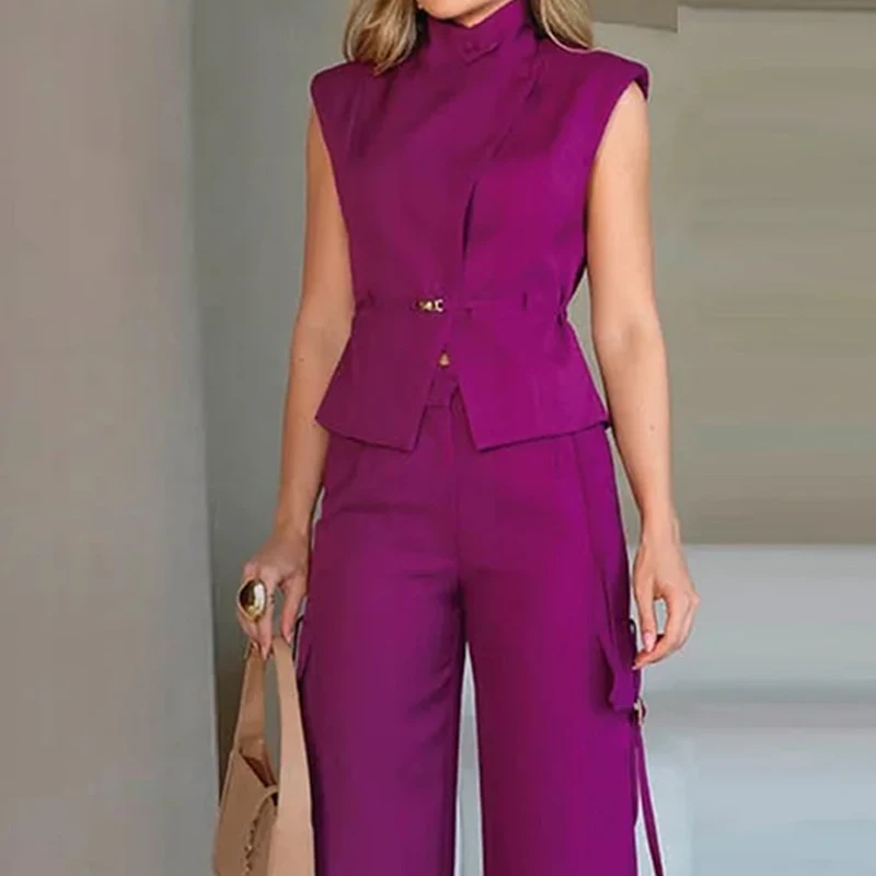Wefads Two Piece Set Summer Women Elegant Solid Sleeveless Nipped Waist Lapel Top Loose Wide Legs Cargo Pants Sets Streetwear