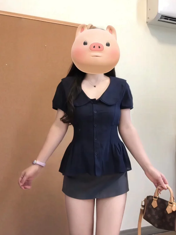 

Summer Korean Style Casual Wind Doll Collar Waist Inward Shirt for plus Size Women Beautiful Design Sense Top Large Size
