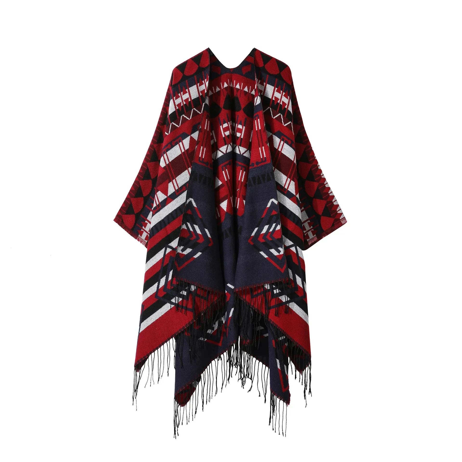 

Poncho New Split Warm Shawl Vintage Ethnic Style Scarf Imitation Cashmere Tassel Women Cape Lady Cloak Warm Coat Red