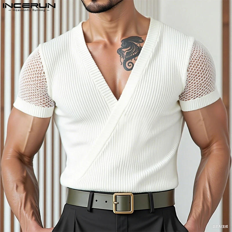 INCERUN Men T Shirt Mesh Patchwork V Neck Short Sleeve Male Tee Tops Summer Streetwear 2025 Fashion Casual Men Clothing S-5XL
