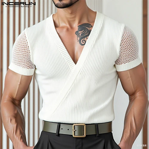 Imagen 2 del producto INCERUN, camiseta para hombre de malla de retales con cuello en V, camisetas de manga corta para hombre, ropa de calle de verano 20225, ropa informal de moda para hombre, S-5XL