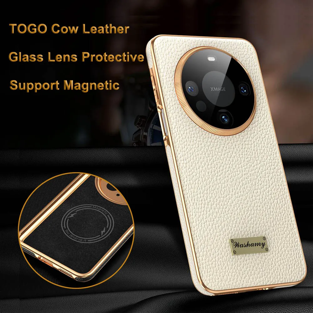 

TOGO Genuine Leather Case For Huawei Mate 60 Pro Plus Case Glass Lens Protective Coque For Mate60 Pro+ Magnetic Phone Cover