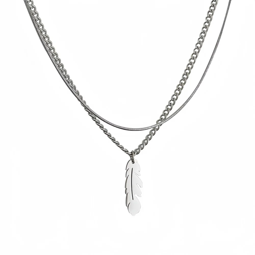 Einfache silberfarbene Edelstahl-Feder-Anhänger-Mehrschichtkette für Männer, Retro Hip-Hop Damen Party-Schmuck – Detail 5