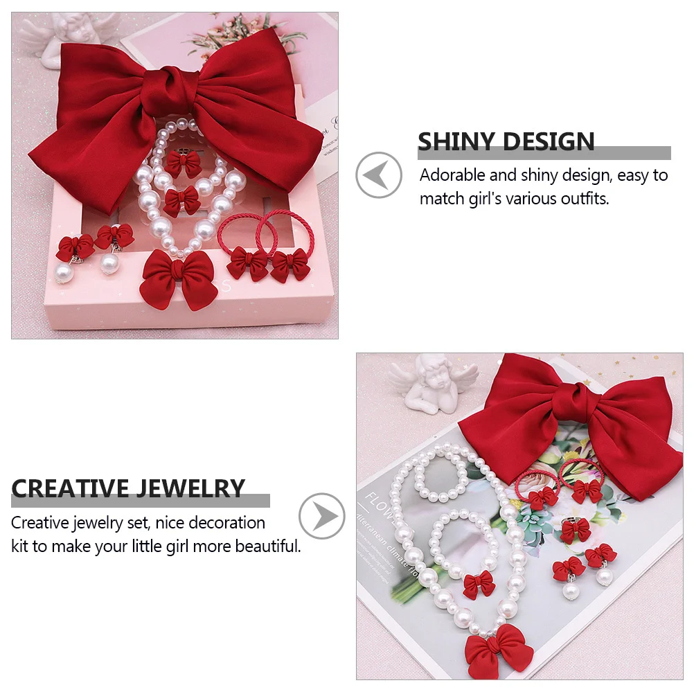 

1Set Kids Party Jewelry Set Bowknot Hair Clip Necklace Bracelet Ring Earring Chic Children Accessories for Birthday Christmas