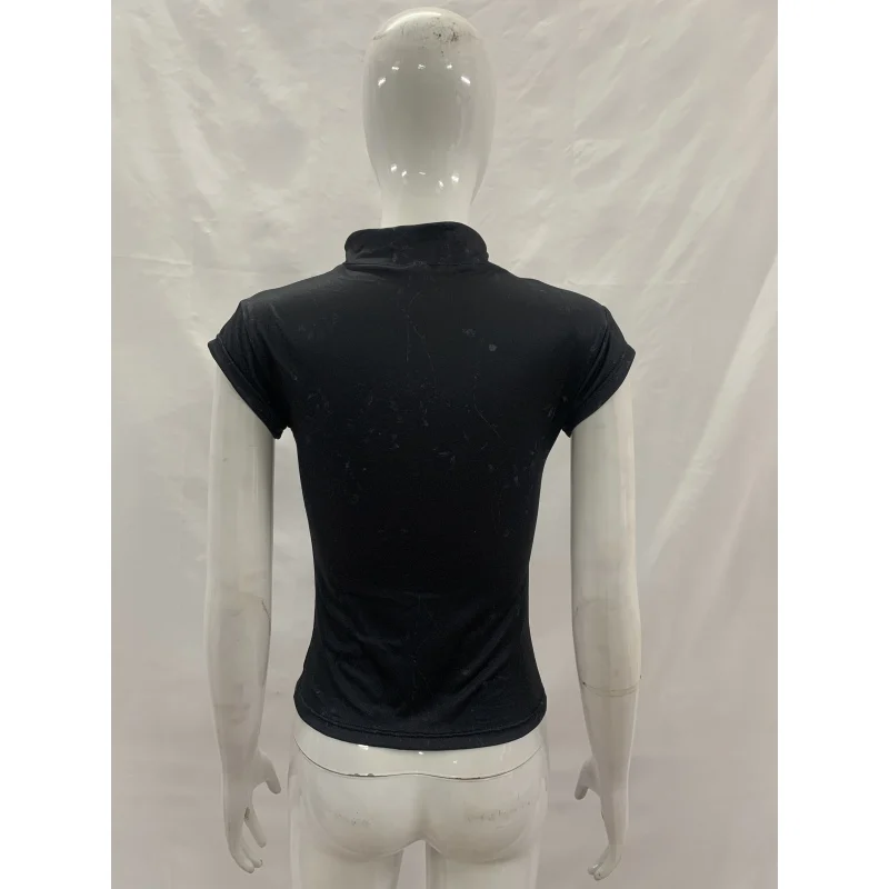 Women Black Qipao Top Chinese Style Mandarin Collar Short Sleeve T-shirt Slim Fit Cheongsam Blouse with Frog Buttons