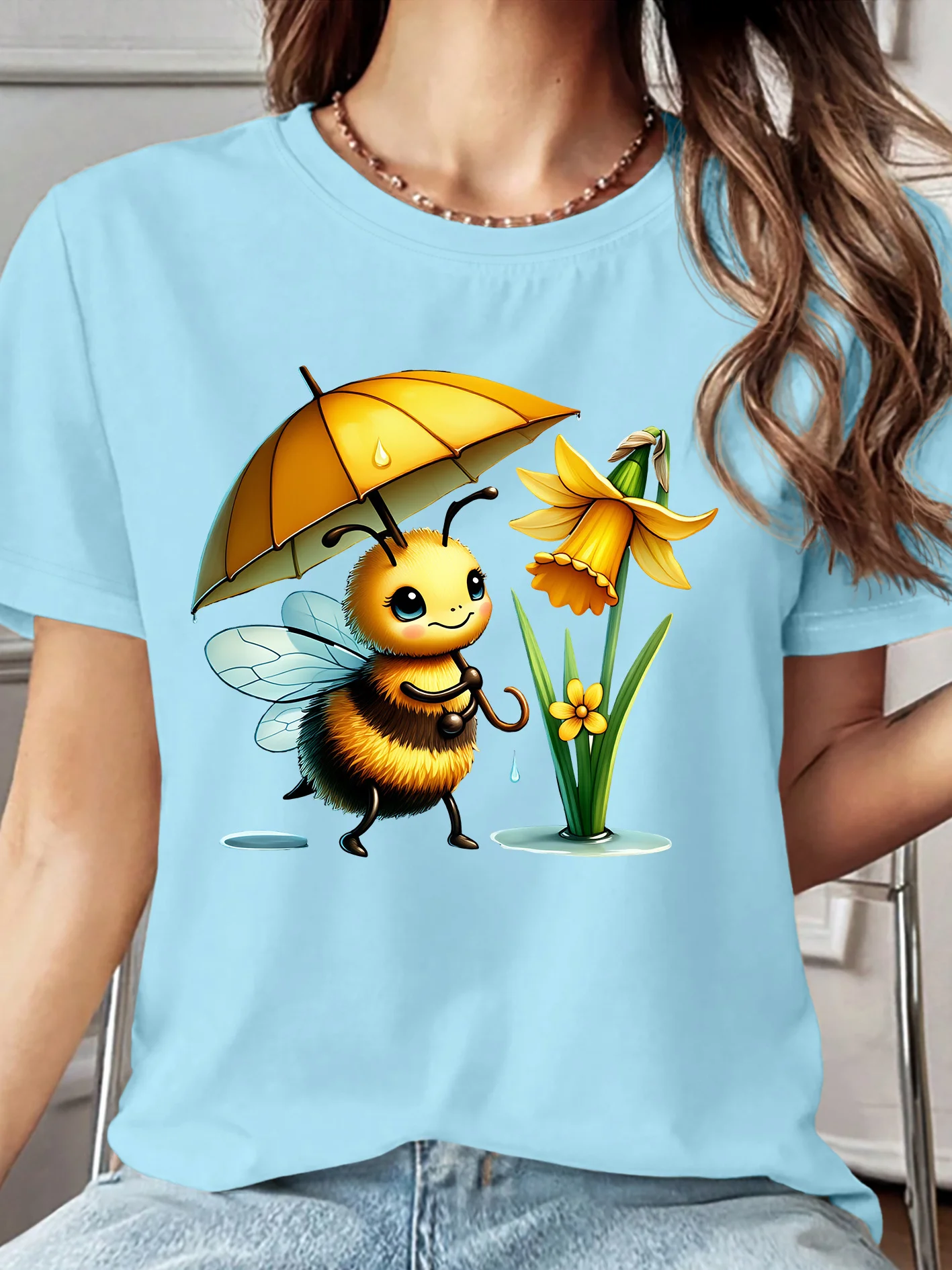 Cute Bee Floral Print Round Neck Skin Friendly Soft Summer Personality Funny Casual Trend Daily Women's Streetwear