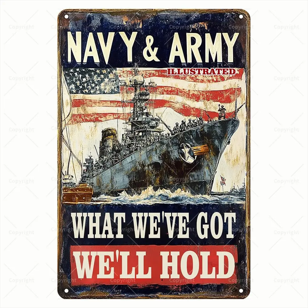 Vintage Tin Sign - Navy ; Army Illustrated Warship and American Flag Design Retro Metal Sign - Inspirational Tin Sign for Milita