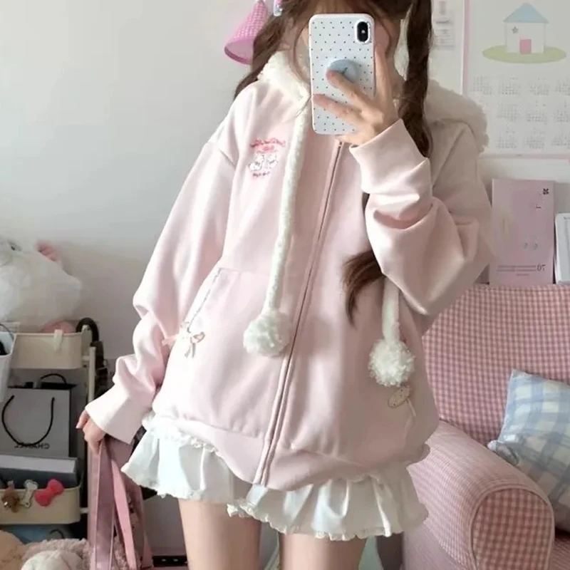 

Японский милый кардиган с капюшоном для девочек, толстовка с вышивкой, женская милая куртка на молнии, пальто с капюшоном Y2k Kawaii Lolita CD, верхняя одежда