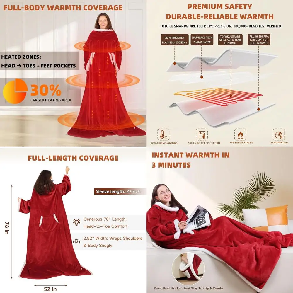 

Sleeved Electric Throw Blanket with Foot Pocket, 6 Heat Levels, 70x50, Plush Flannel & Sherpa, Wine