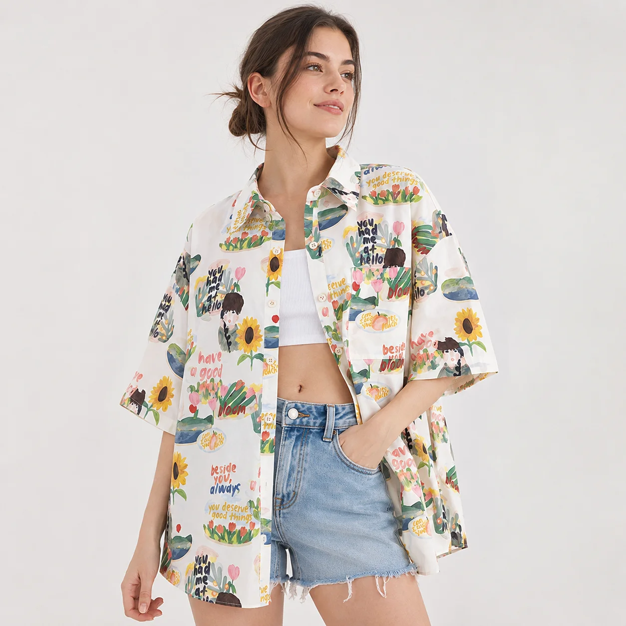 Women's Oversized Floral Cartoon Print Shirt Short Sleeve Button Down Loose Casual Blouse with Pocket Summer Top S-3XL