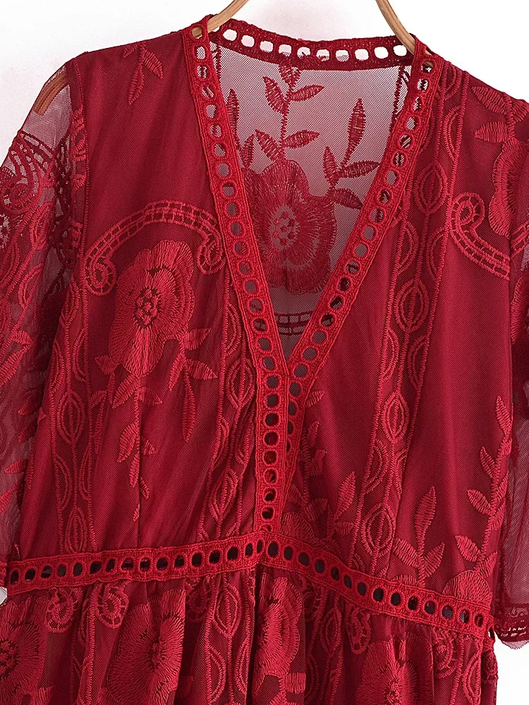 Vintage Chic Women Red Lace Short Sleeve Split Summer Beach Sexy Bohemian Maxi Dress Ladies Casual Boho Wedding Dresses Vestidos