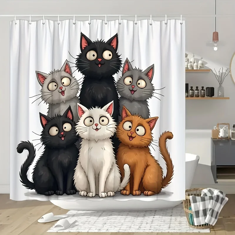 1pc Cartoon Animal Style Shower Curtain Features Several Cute And Adorable Cat Images, Full of Fun And Joy. Made of Polyester, I