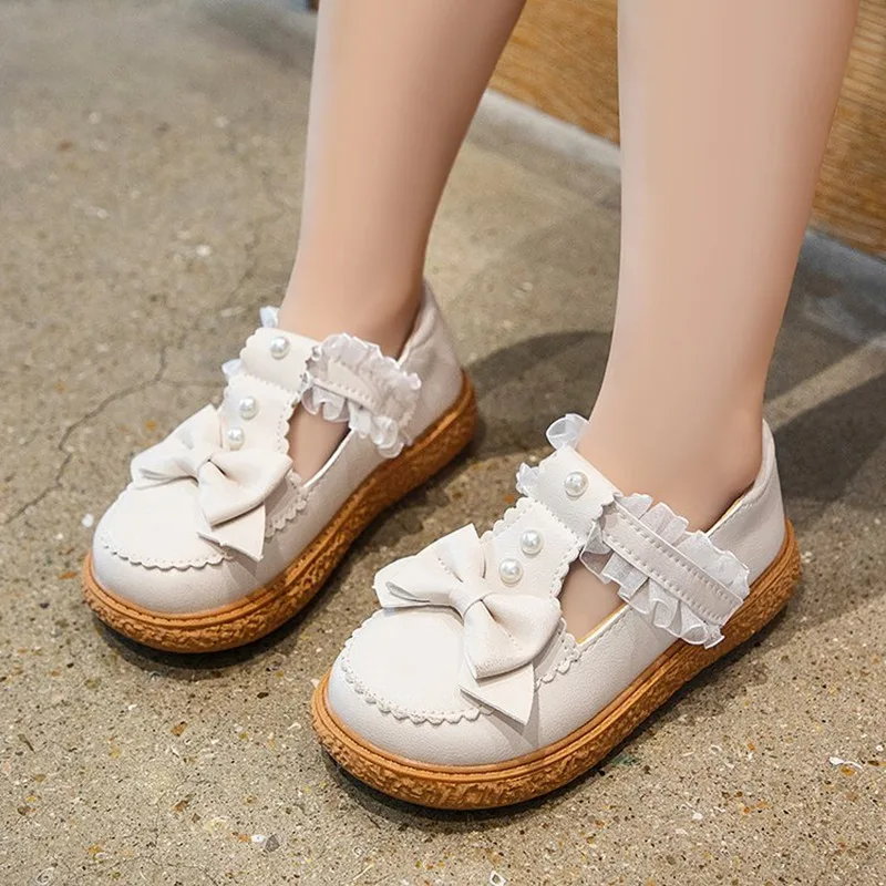 The New Kids Leather Pearl Bowknot Princess Shoes Lace Soft Sole Fashion Bow Tie Children Shoes For Girls Wholesale